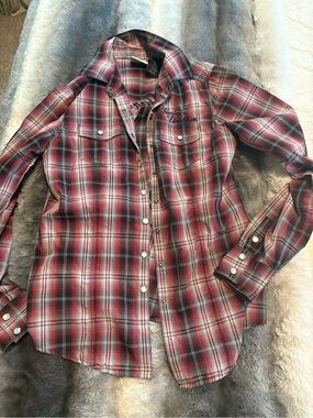 Harley Davidson Red and Black Plaid Button-Up Shirt